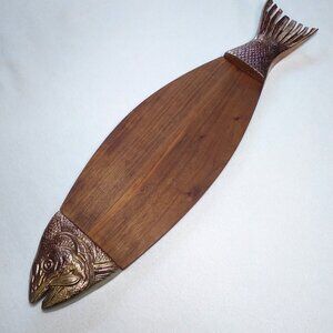 VINTAGE WOOD & METAL 26" SALMON FISH CAVIAR SERVING CUTTING BOARD TRAY